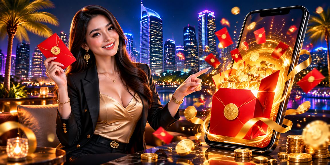 Amplop merah simbol bonus dengan cahaya neon cerah di latar gelap