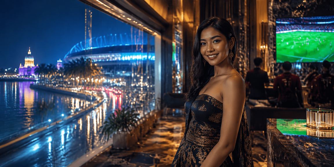 Tampilan bonus VIP dengan lampu neon berwarna-warni di platform hiburan online