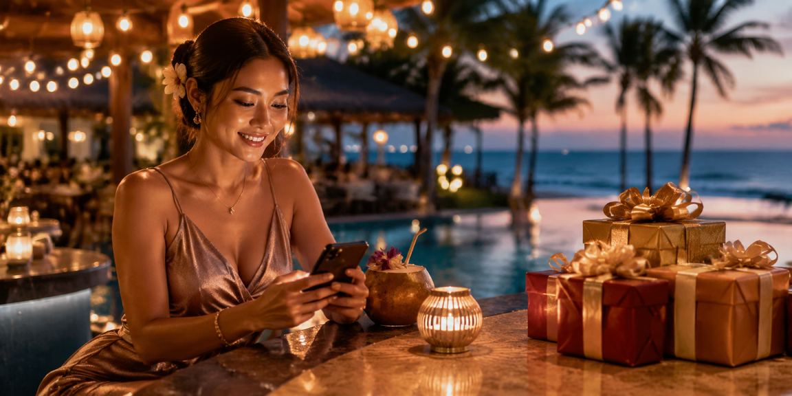 Pengguna mengakses platform casino di tepi pantai dengan keamanan data terjaga
