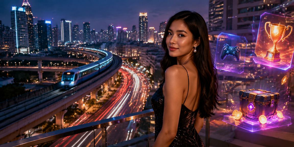 Pemain esports profesional dengan pencahayaan neon warna-warni yang memukau